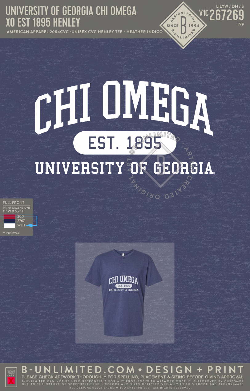 University of Georgia Chi Omega - XO Est 1895 Henley - American Apparel - 2004CVC - Henley Tee - Heather Indigo