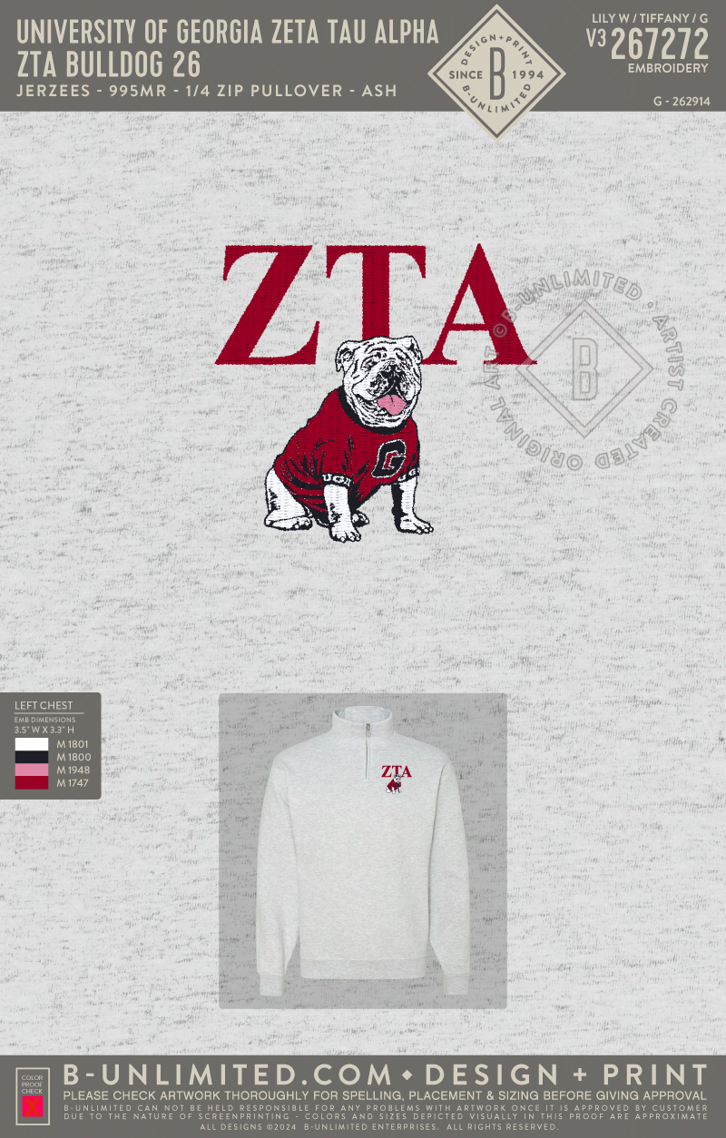 University of Georgia Zeta Tau Alpha - ZTA Bulldog 26 - Jerzees - 995MR - 1/4 Zip Pullover - Ash