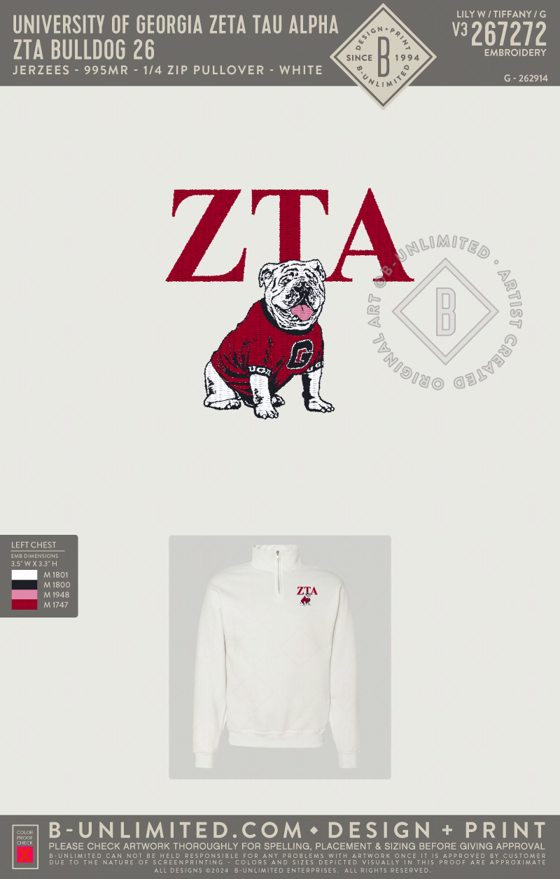University of Georgia Zeta Tau Alpha - ZTA Bulldog 26 - Jerzees - 995MR - 1/4 Zip Pullover - White