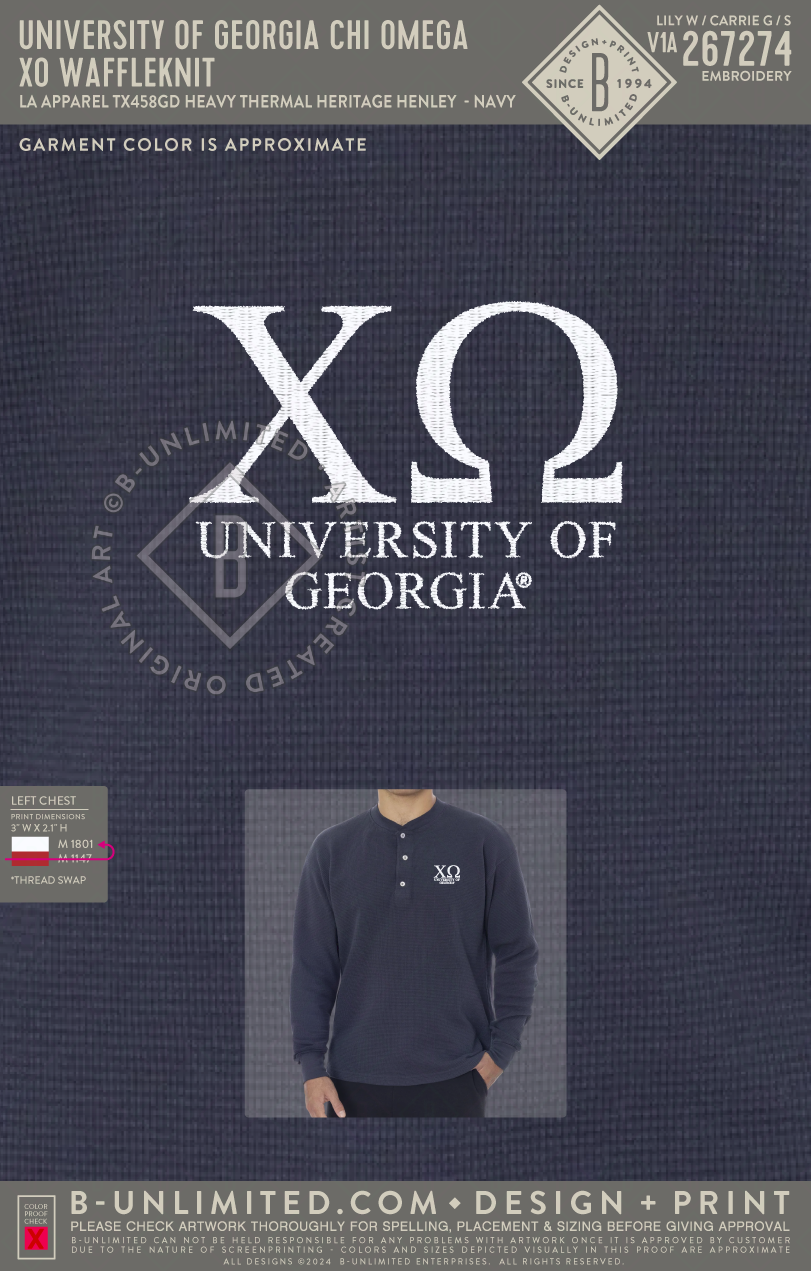 University of Georgia Chi Omega - XO Waffleknit - LA Apparel - TX458GD - Heavy Thermal Heritage Henley - Navy