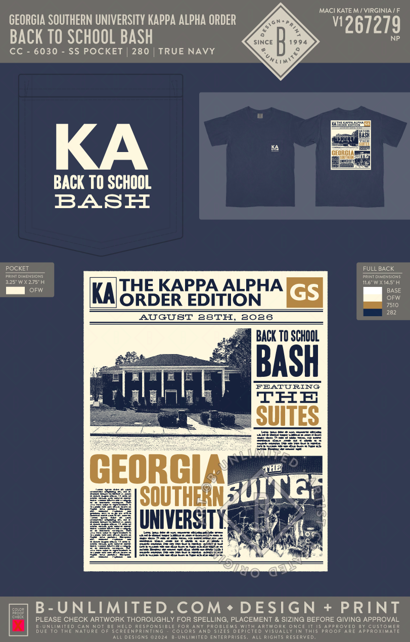 Georgia Southern University Kappa Alpha Order - Back to school bash - CC - 6030 - SS Pocket - True Navy