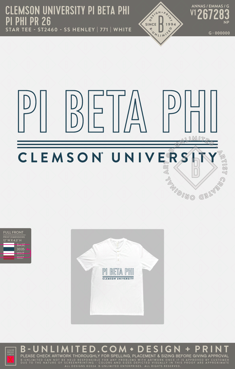 Clemson University Pi Beta Phi - Pi Phi PR 26 - Star Tee - ST2460 - SS Henley - White