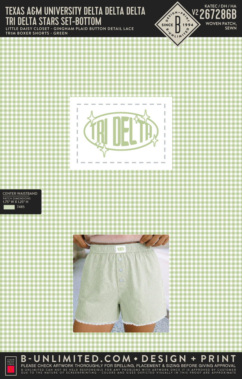 Texas A&M University Delta Delta Delta - Tri Delta Stars Set - Bottom - Little Daisy Closet - Ldc Gingham Plaid Button Detail Lace Trim Boxer Shorts - LD7311287-P920-S - Green
