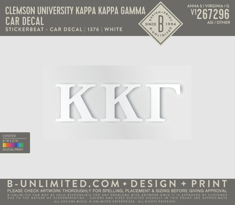 Clemson University Kappa Kappa Gamma - Car Decal - Stickerbeat - Car Decal - White