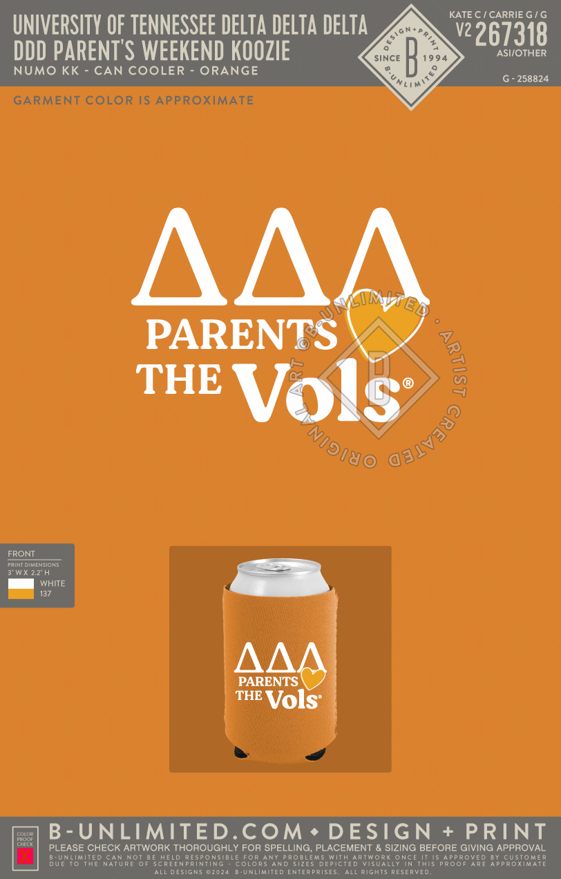 University of Tennessee Delta Delta Delta - DDD Parent's Weekend Koozie - Numo - KK - Can Cooler - Orange