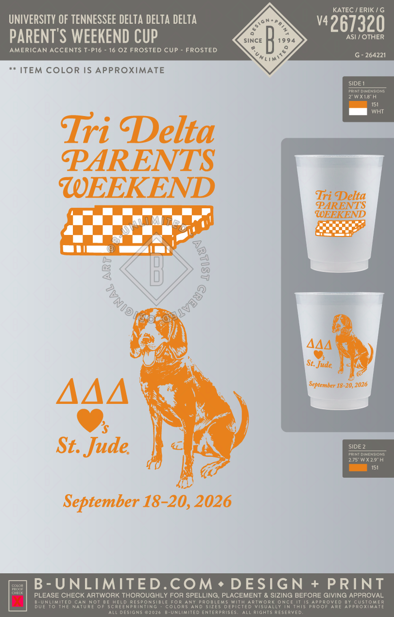 University of Tennessee Delta Delta Delta - One Parent's Weekend Cup - American Accents - T-P16 - 16 oz Frosted Cup - Frosted
