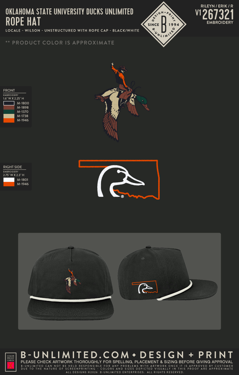 Oklahoma State University Ducks Unlimited - Rope Hat - Locale - WILSON - Unstructured with Rope Cap - Black/White