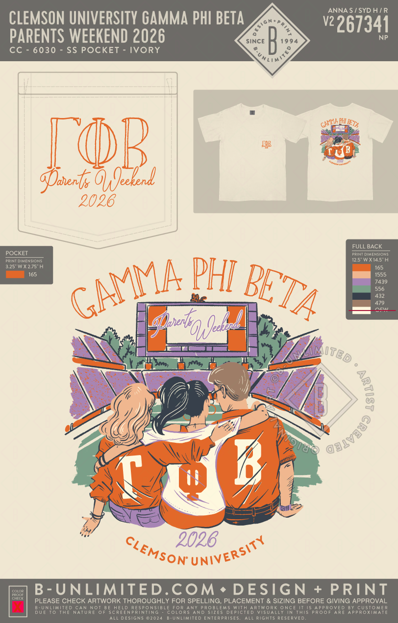 Clemson University Gamma Phi Beta - Parents Weekend 2026 - CC - 6030 - SS Pocket - Ivory