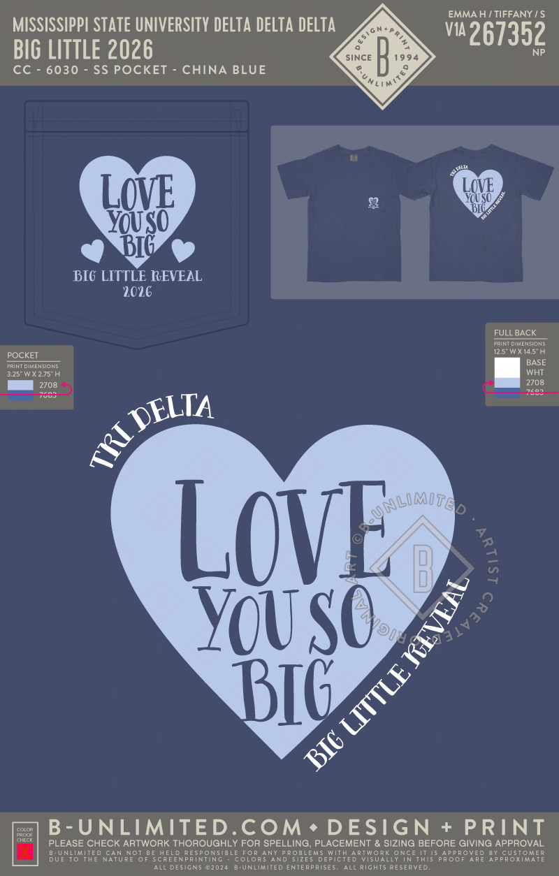 Mississippi State University Delta Delta Delta - Big Little 2026 - CC - 6030 - SS Pocket - China Blue