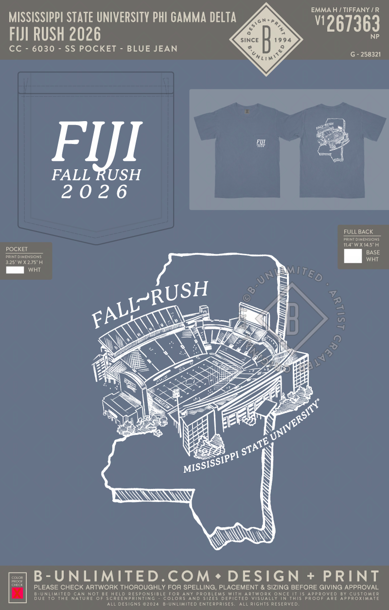 Mississippi State University Phi Gamma Delta - FIJI Rush 2026 - CC - 6030 - SS Pocket - Blue Jean