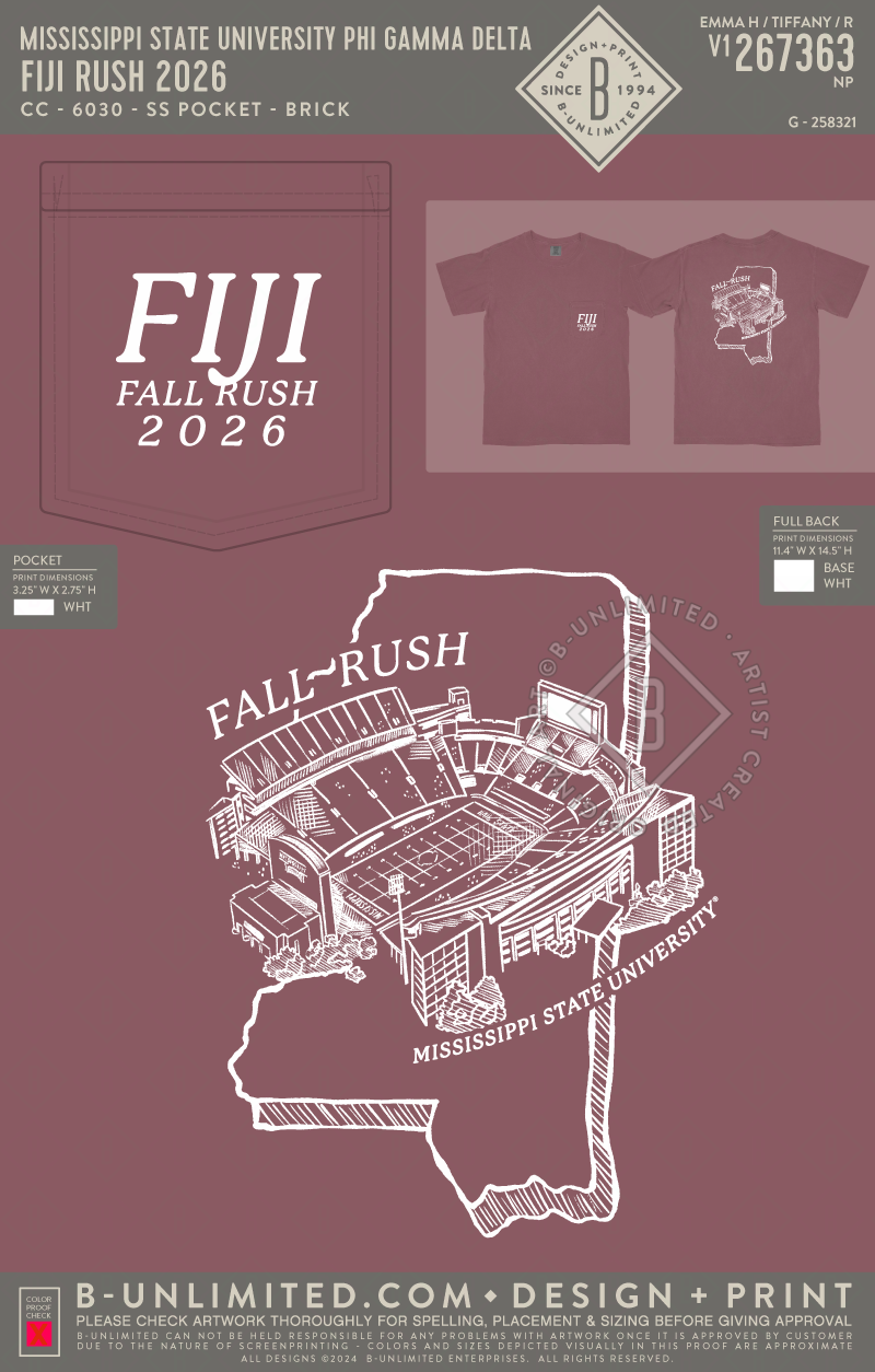 Mississippi State University Phi Gamma Delta - FIJI Rush 2026 - CC - 6030 - SS Pocket - Brick