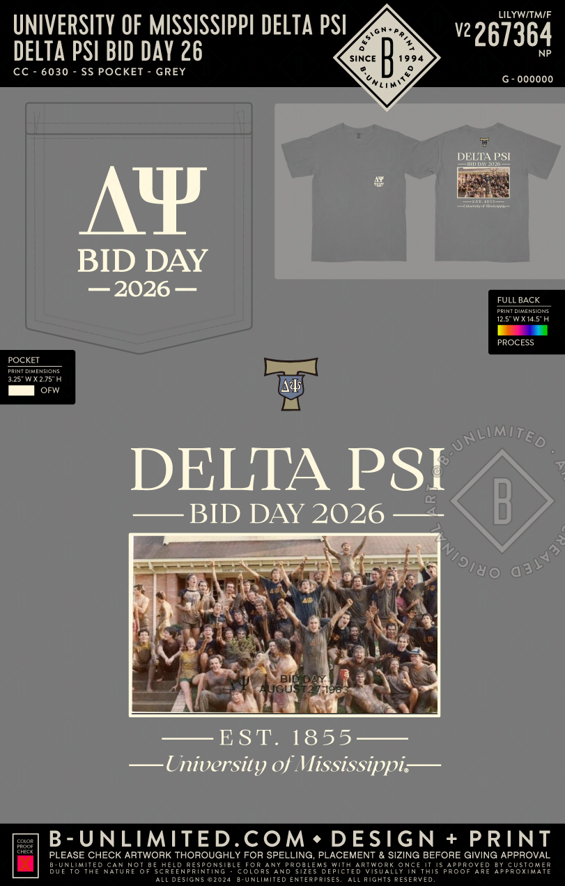 University of Mississippi Delta Psi - Delta Psi Bid Day 26 - CC - 6030 - SS Pocket - Grey