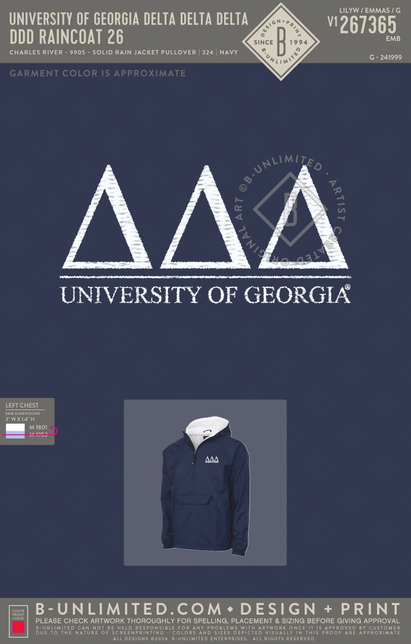 University of Georgia Delta Delta Delta - DDD Raincoat 26 - Charles River - 9905 - Solid Rain Jacket Pullover - Navy