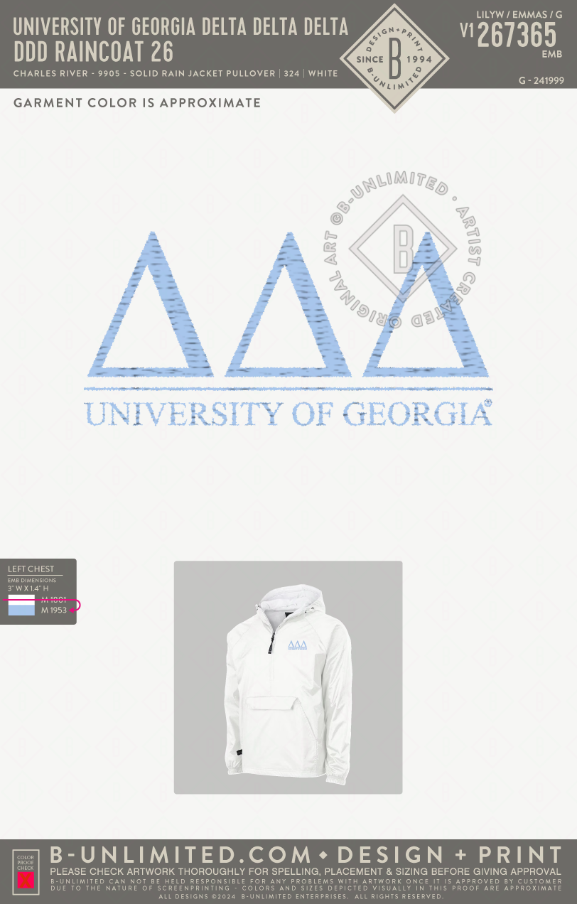 University of Georgia Delta Delta Delta - DDD Raincoat 26 - Charles River - 9905 - Solid Rain Jacket Pullover - White