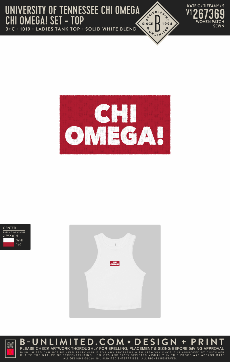 University of Tennessee Chi Omega - Chi Omega! Set - Top - B+C - 1019 - Ladies Tank Top - Solid White Blend
