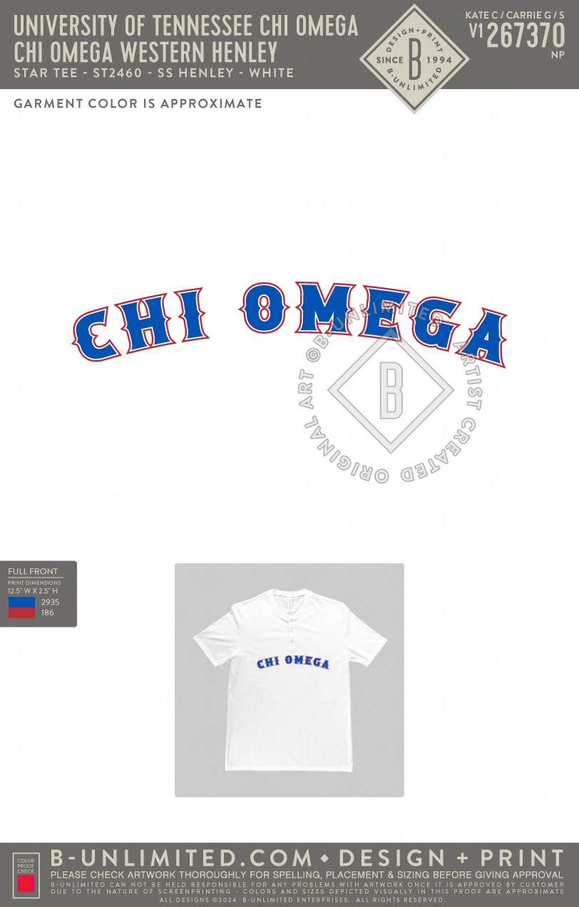 University of Tennessee Chi Omega - Chi Omega Western Henley - Star Tee - ST2460 - SS Henley - White