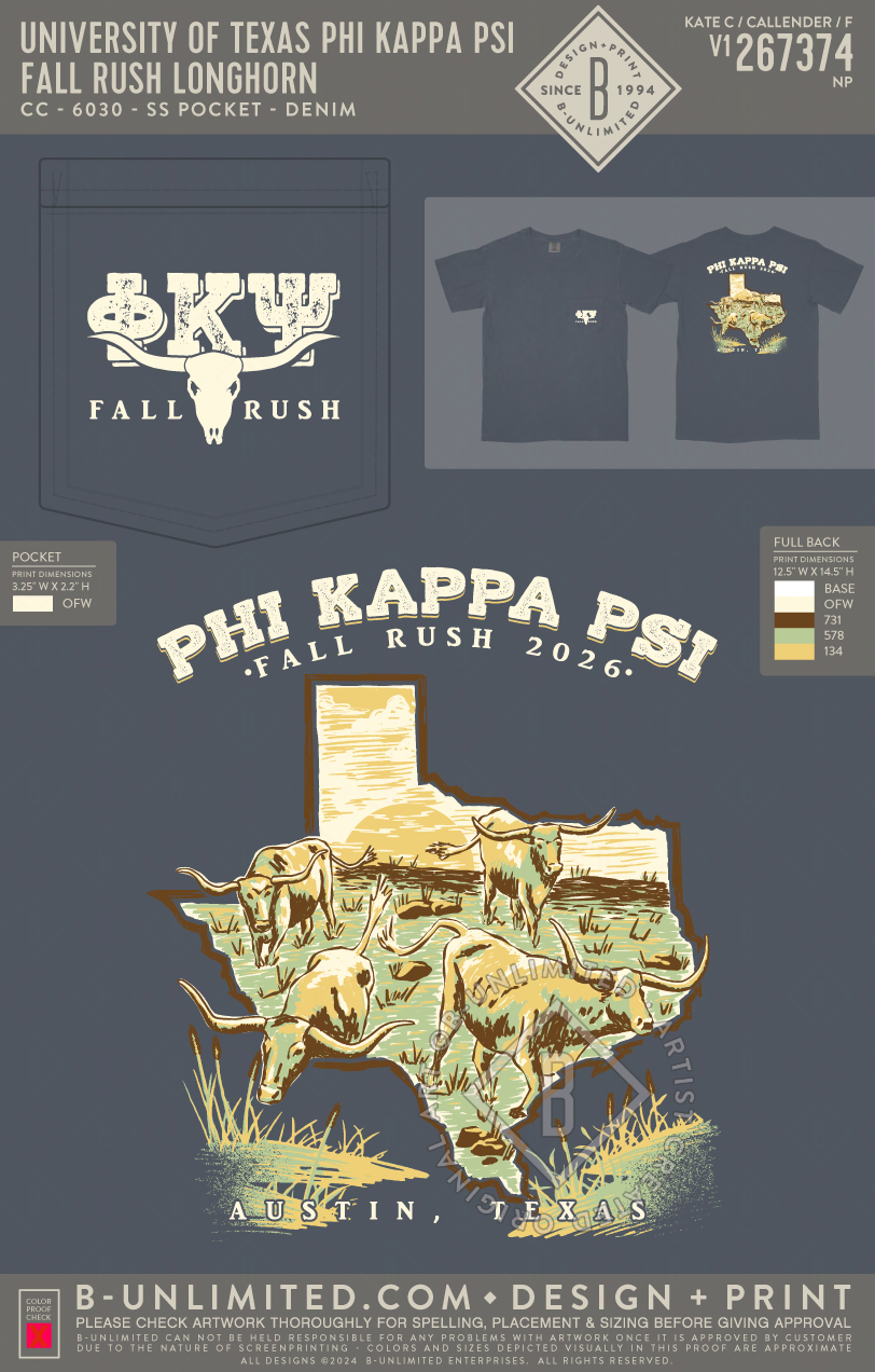 University of Texas Phi Kappa Psi - Fall Rush Longhorn - CC - 6030 - SS Pocket - Denim