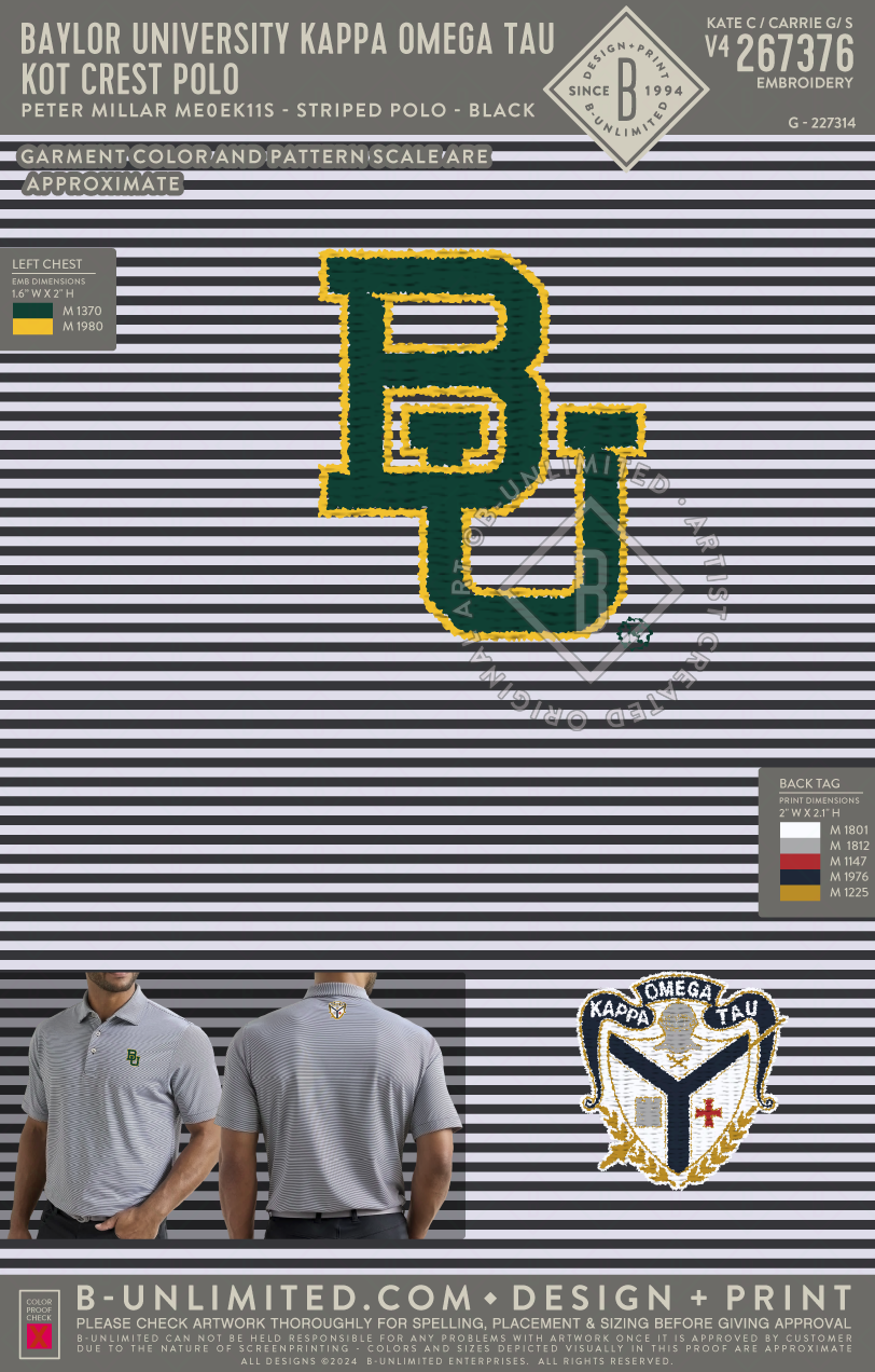 Baylor University Kappa Omega Tau - KOT Crest Polo - Peter Millar - ME0EK11S - Men's Jubilee Striped Polo - Black