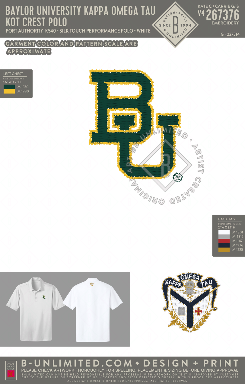 Baylor University Kappa Omega Tau - KOT Crest Polo - Port Authority - K540 - Silk Touch Performance Polo - White
