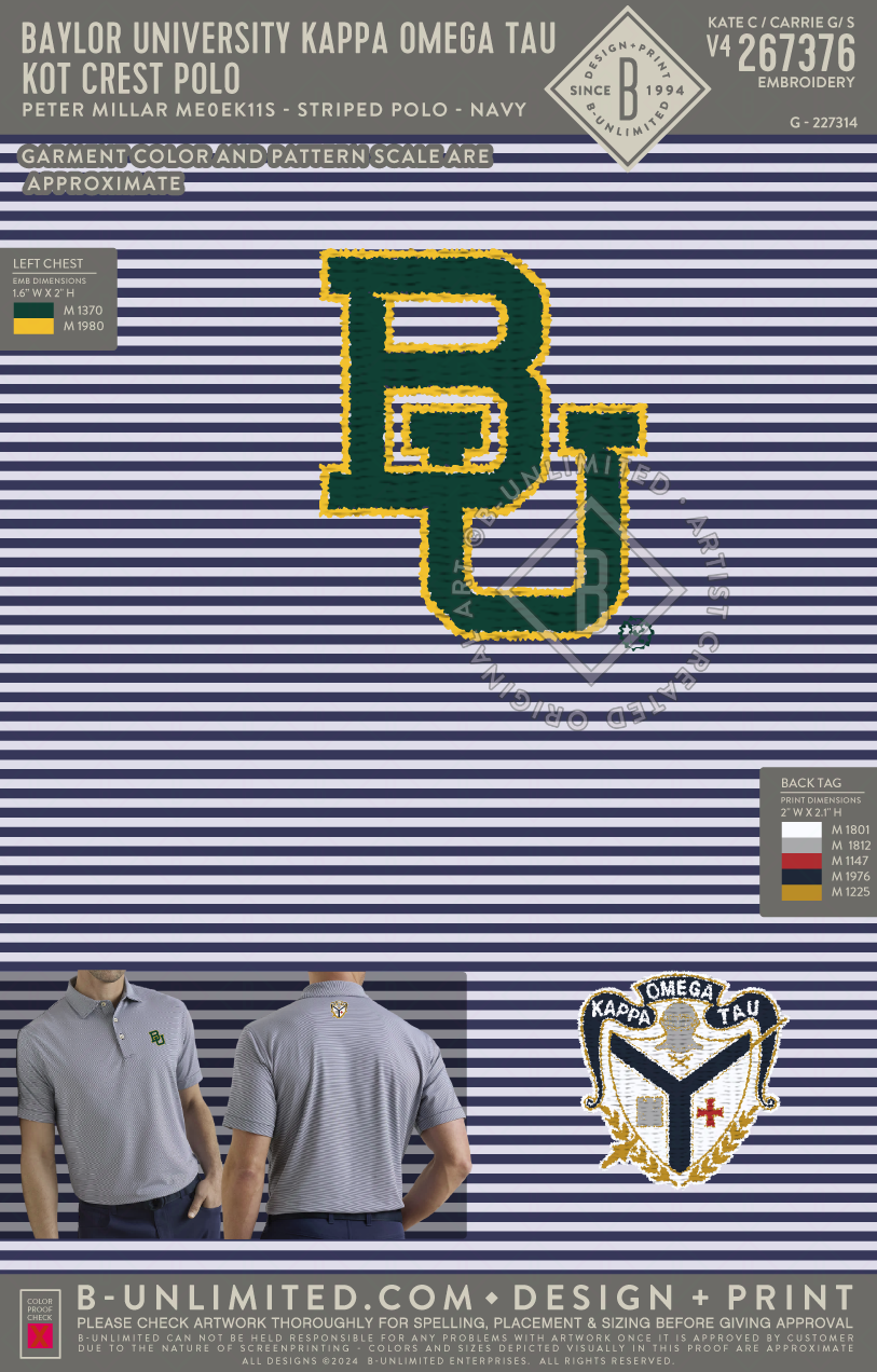 Baylor University Kappa Omega Tau - KOT Crest Polo - Peter Millar - ME0EK11S - Men's Jubilee Striped Polo - Navy