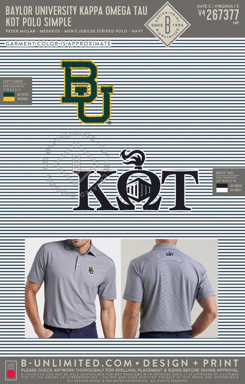 Baylor University Kappa Omega Tau - KOT Polo Simple - Peter Millar - ME0EK11S - Men's Jubilee Striped Polo - Navy