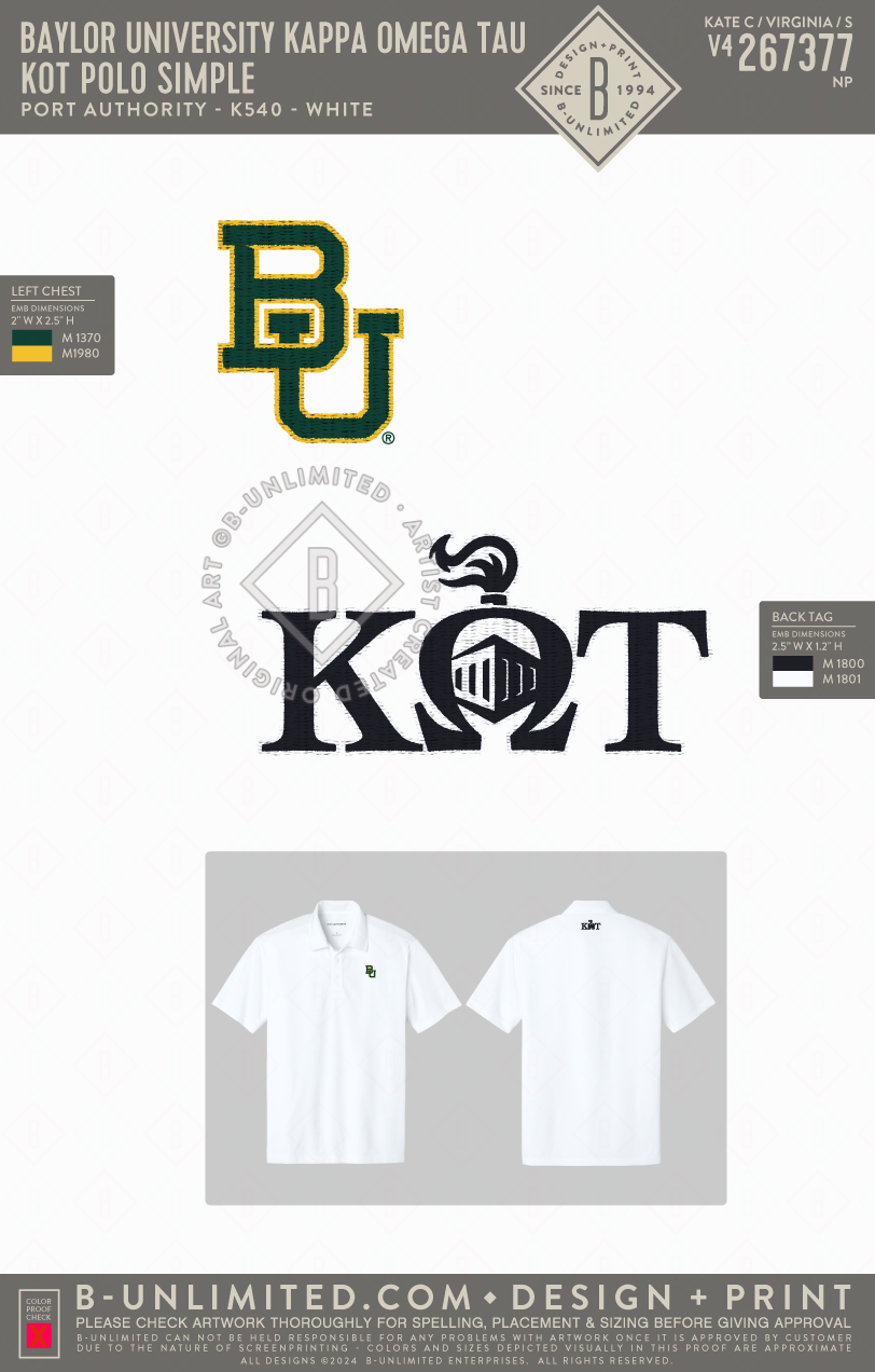 Baylor University Kappa Omega Tau - KOT Polo Simple - Port Authority - K540 - Silk Touch Performance Polo - White