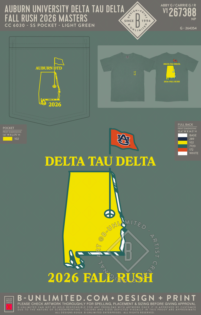 Auburn University Delta Tau Delta - Fall Rush 2026 Masters - CC - 6030 - SS Pocket - Light Green