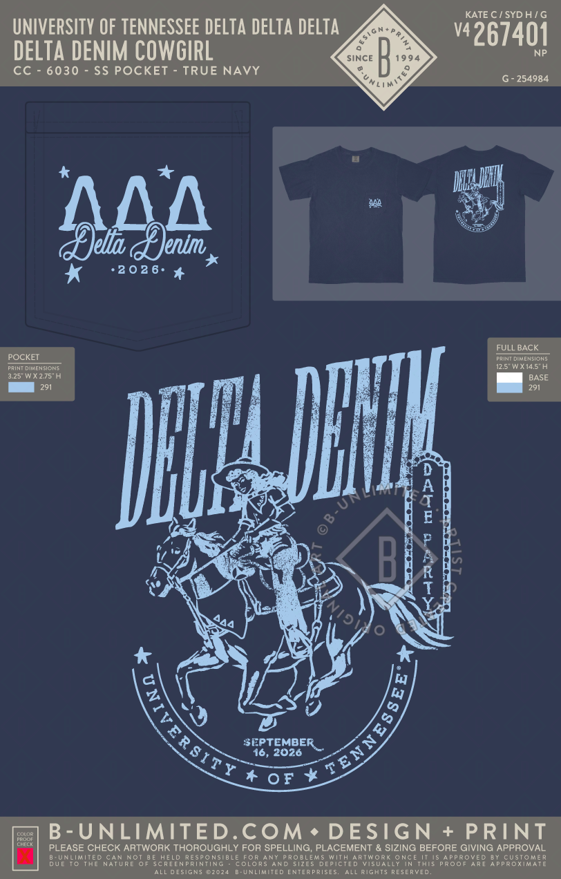 University of Tennessee Delta Delta Delta - Delta Denim Cowgirl - CC - 6030 - SS Pocket - True Navy