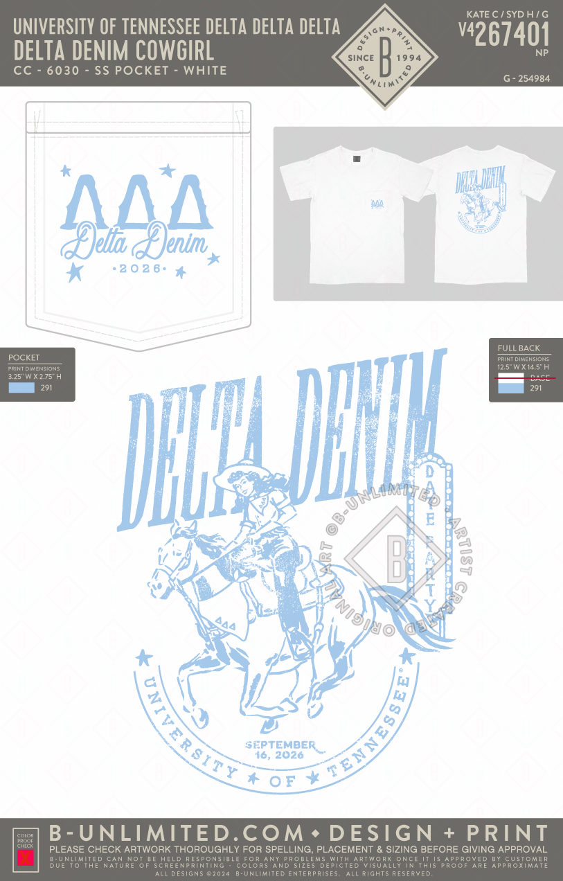 University of Tennessee Delta Delta Delta - Delta Denim Cowgirl - CC - 6030 - SS Pocket - White