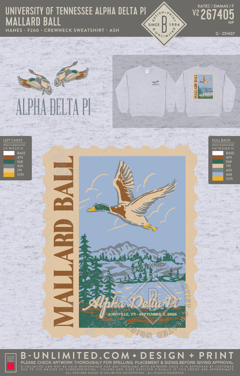 University of Tennessee Alpha Delta Pi - Mallard Ball - Hanes - F260 - Sweatshirt - Ash