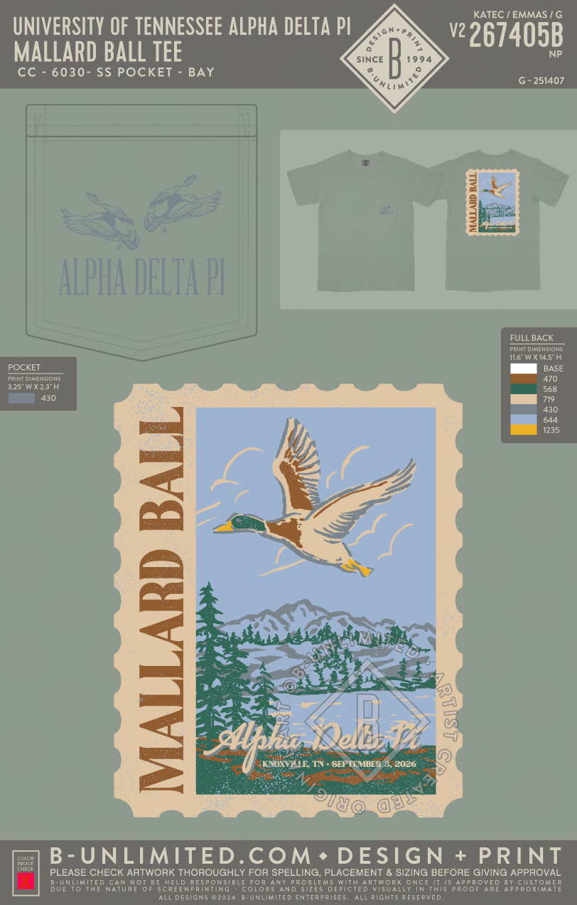 University of Tennessee Alpha Delta Pi - Mallard Ball Tee - CC - 6030 - SS Pocket - Bay