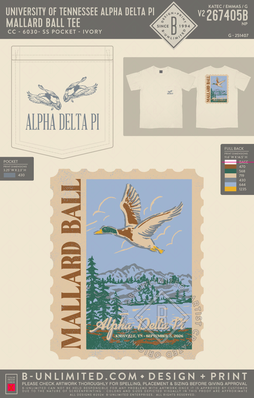 University of Tennessee Alpha Delta Pi - Mallard Ball Tee - CC - 6030 - SS Pocket - Ivory