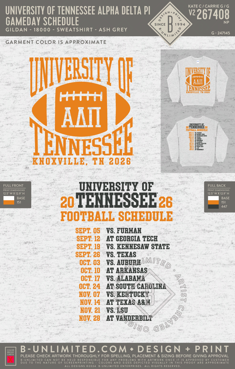 University of Tennessee Alpha Delta Pi - Gameday Schedule - Gildan - 18000 - Crewneck Sweatshirt - Ash Grey