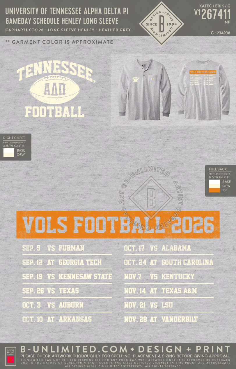 University of Tennessee Alpha Delta Pi - Gameday Schedule Henley Long Sleeve - Carhartt - CTK128 - Long Sleeve Henley T-Shirt - Heather Grey