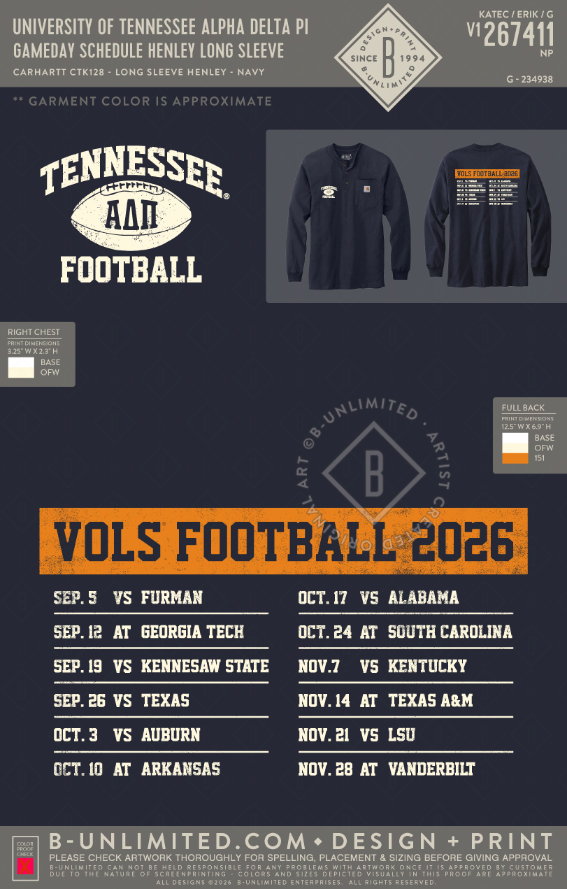 University of Tennessee Alpha Delta Pi - Gameday Schedule Henley Long Sleeve - Carhartt - CTK128 - Long Sleeve Henley T-Shirt - Navy