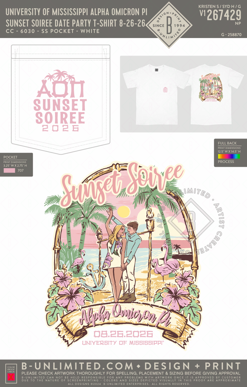 University of Mississippi Alpha Omicron Pi - Sunset Soiree Date Party T-shirt 8/26/26 - CC - 6030 - SS Pocket - White