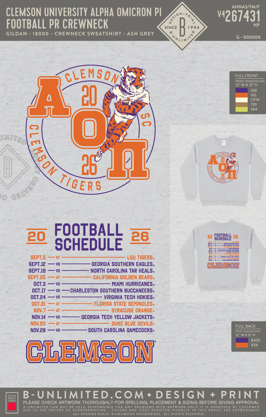 Clemson University Alpha Omicron Pi - Football PR Crewneck - Gildan - 18000 - Crewneck Sweatshirt - Ash Grey