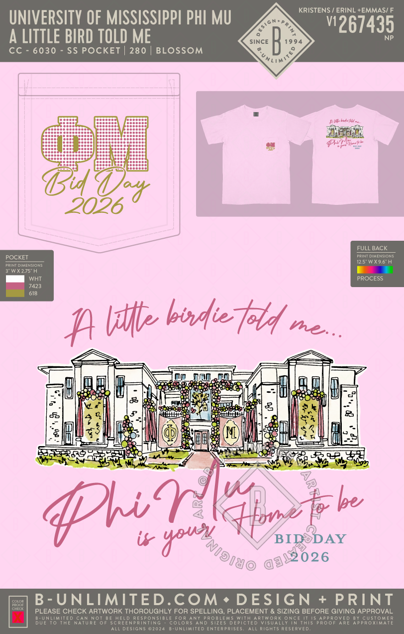 University of Mississippi Phi Mu - A little bird told me - CC - 6030 - SS Pocket - Blossom