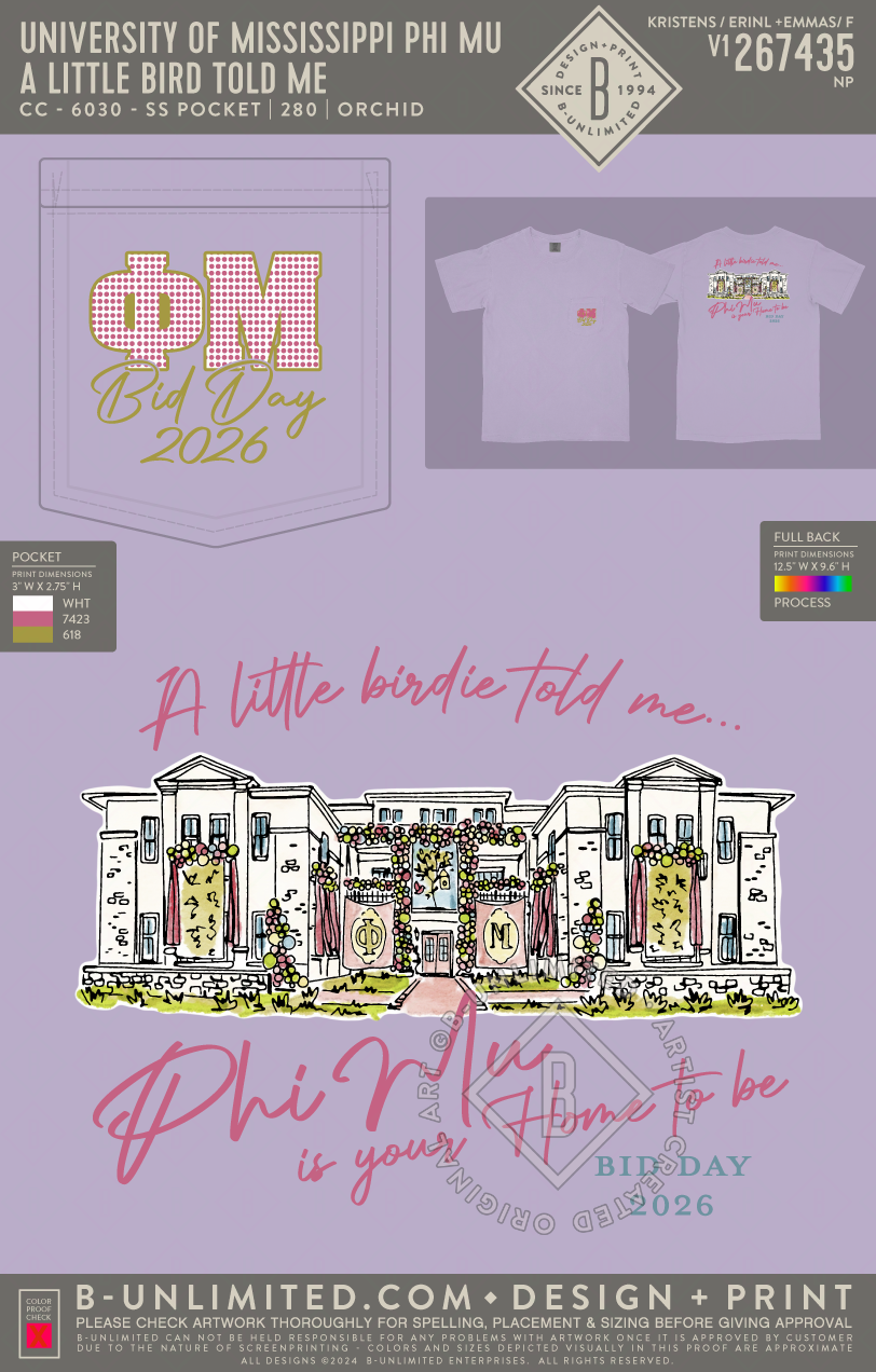 University of Mississippi Phi Mu - A little bird told me - CC - 6030 - SS Pocket - Orchid