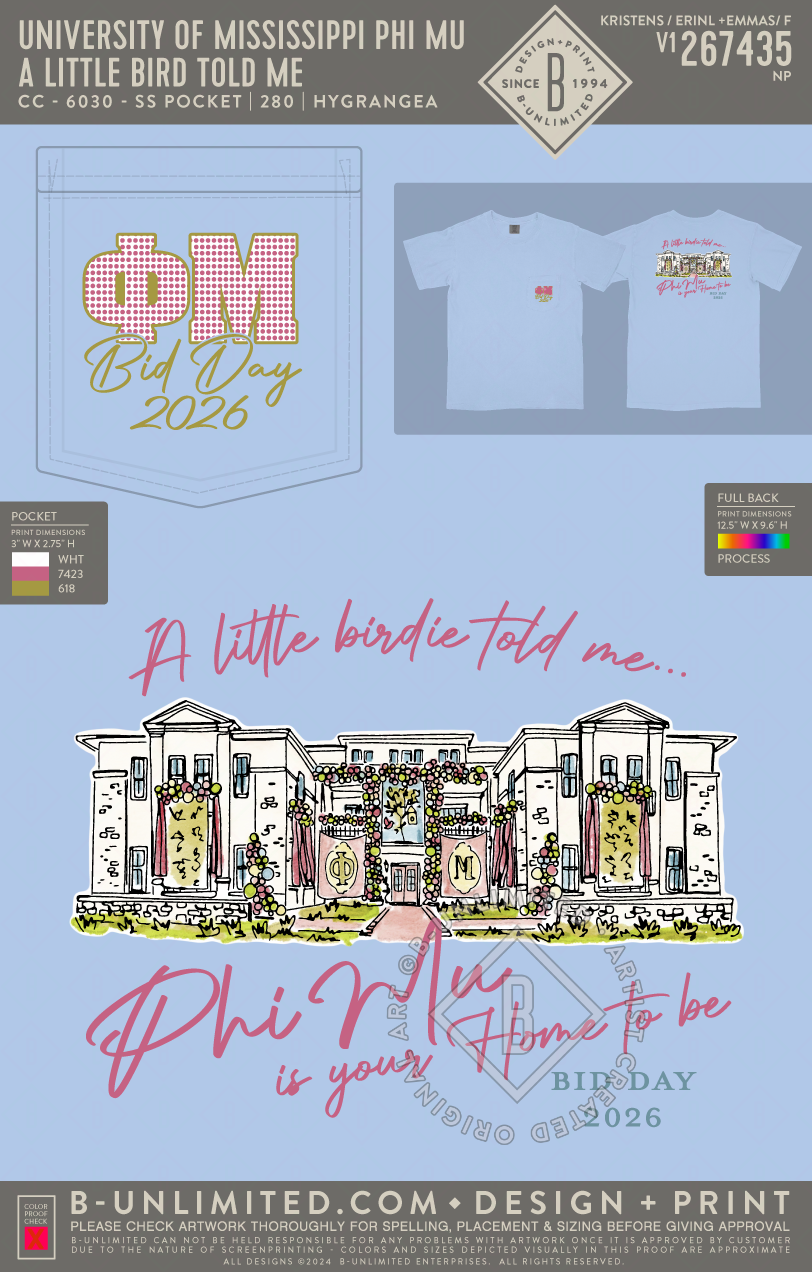 University of Mississippi Phi Mu - A little bird told me - CC - 6030 - SS Pocket - Hydrangea