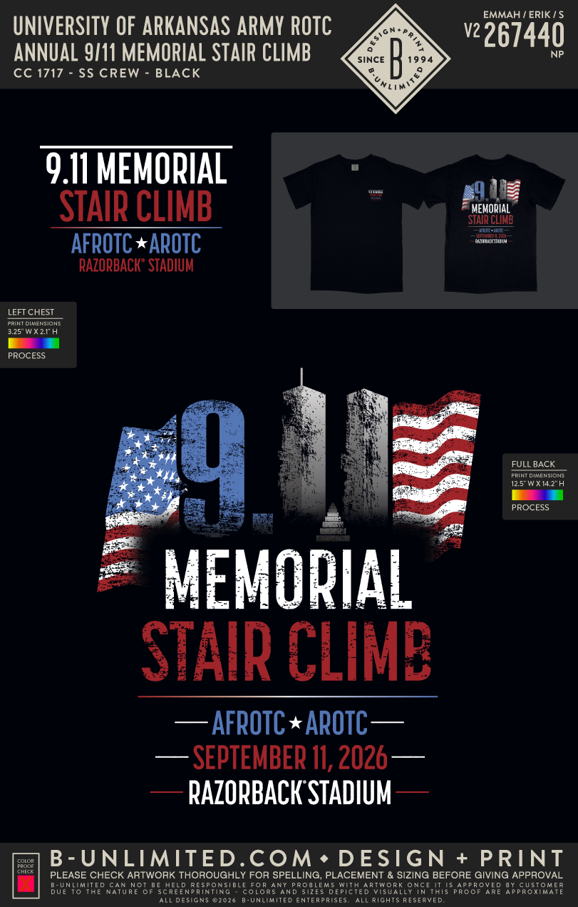 University of Arkansas Army ROTC - Annual 9/11 Memorial Stair Climb - CC - 1717 - SS Crew - Black