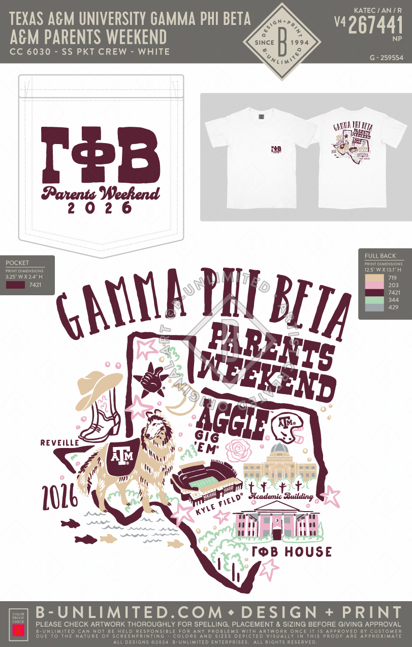 Texas A&M University Gamma Phi Beta - A&M Parent's Weekend - CC - 6030 - SS Pocket - White