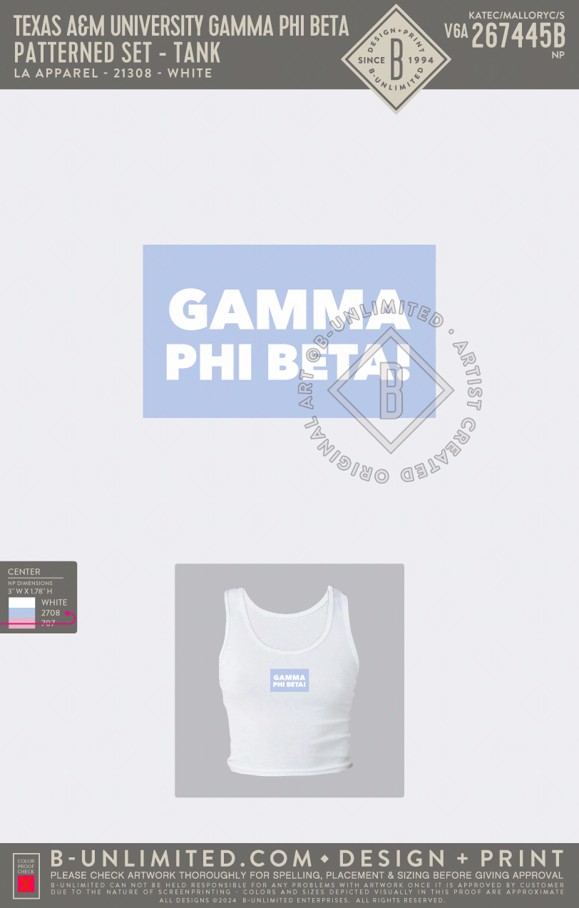 Texas A&M University Gamma Phi Beta - Patterned Set - Tank - LA Apparel - 21308 - Rib Crop Tank - White