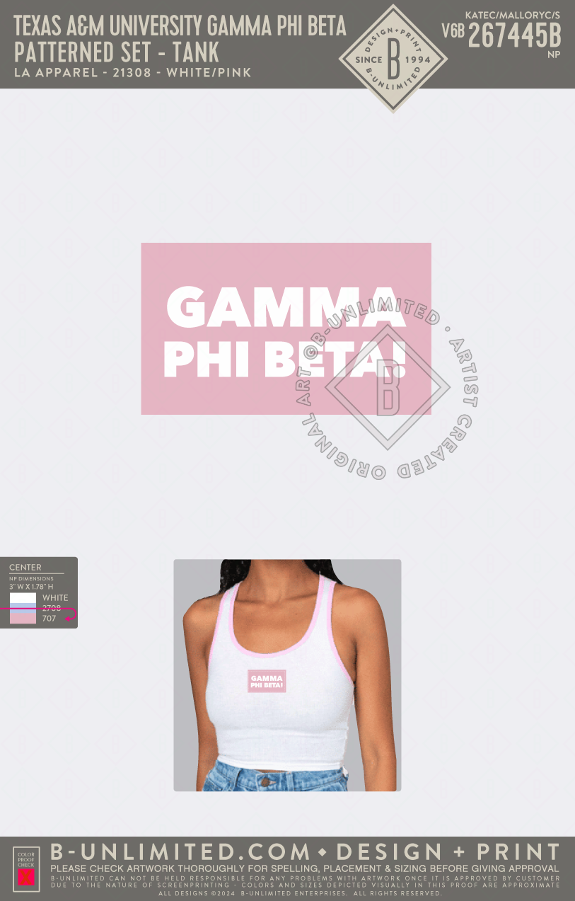 Texas A&M University Gamma Phi Beta - Patterned Set - Tank - LA Apparel - 21308 - Rib Crop Tank - White/Pink