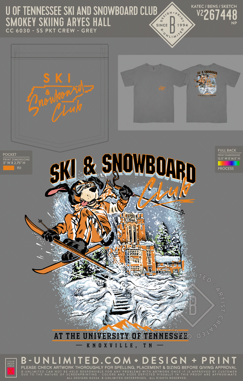 University of Tennessee Ski and Snowboard Club - Smokey Skiing Aryes Hall - CC - 6030 - SS Pocket - Grey