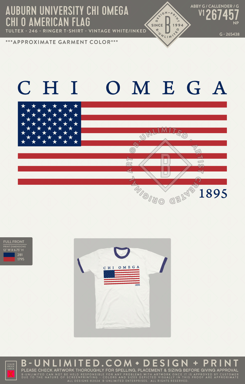 Auburn University Chi Omega - Chi O American Flag - Tultex - 246 - Unisex Fine Jersey Ringer T-Shirt - Vintage white/inked