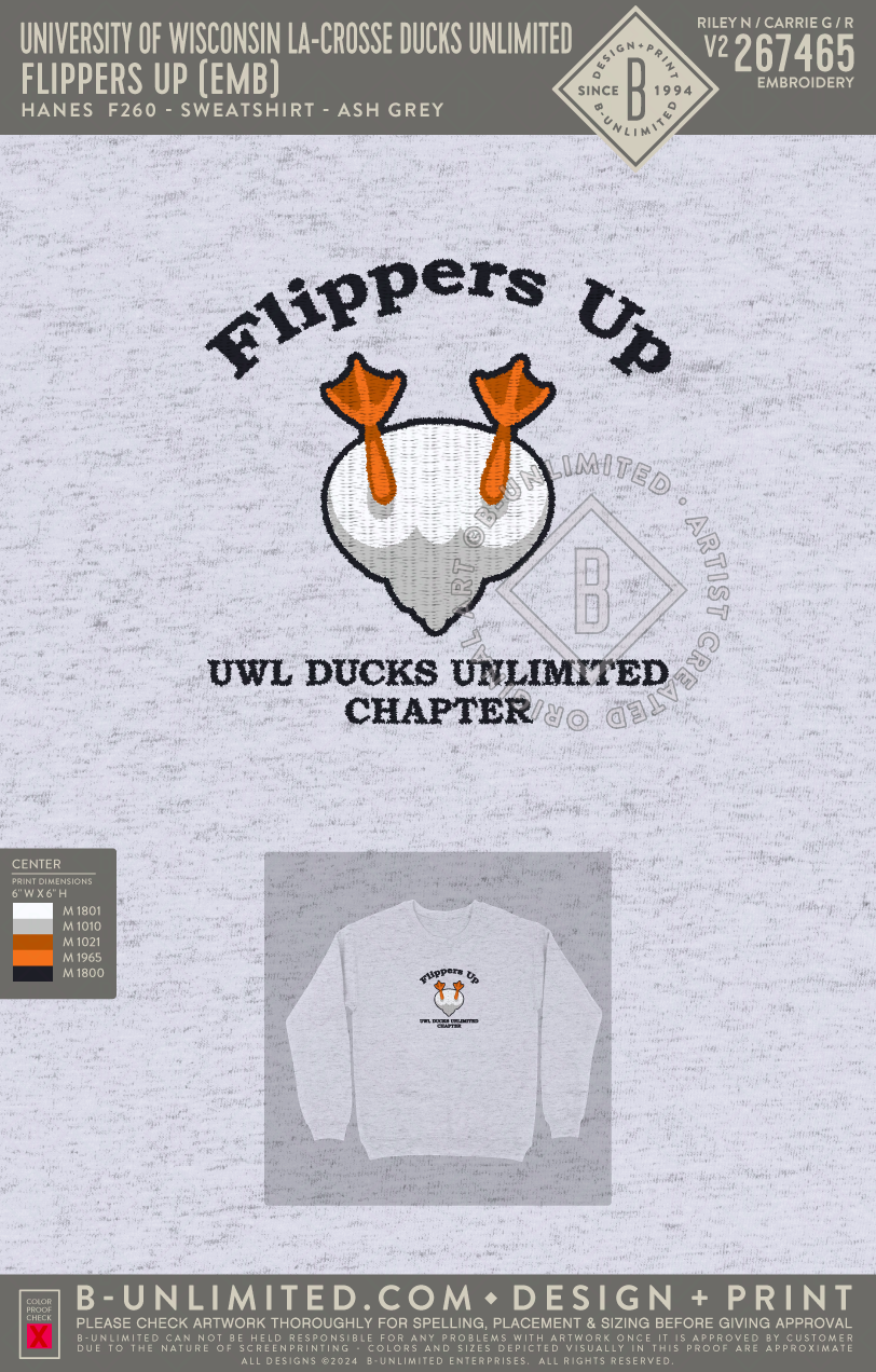 University of Wisconsin La-Crosse Ducks Unlimited - Flippers Up (EMB) - Hanes - F260 - Sweatshirt - Ash