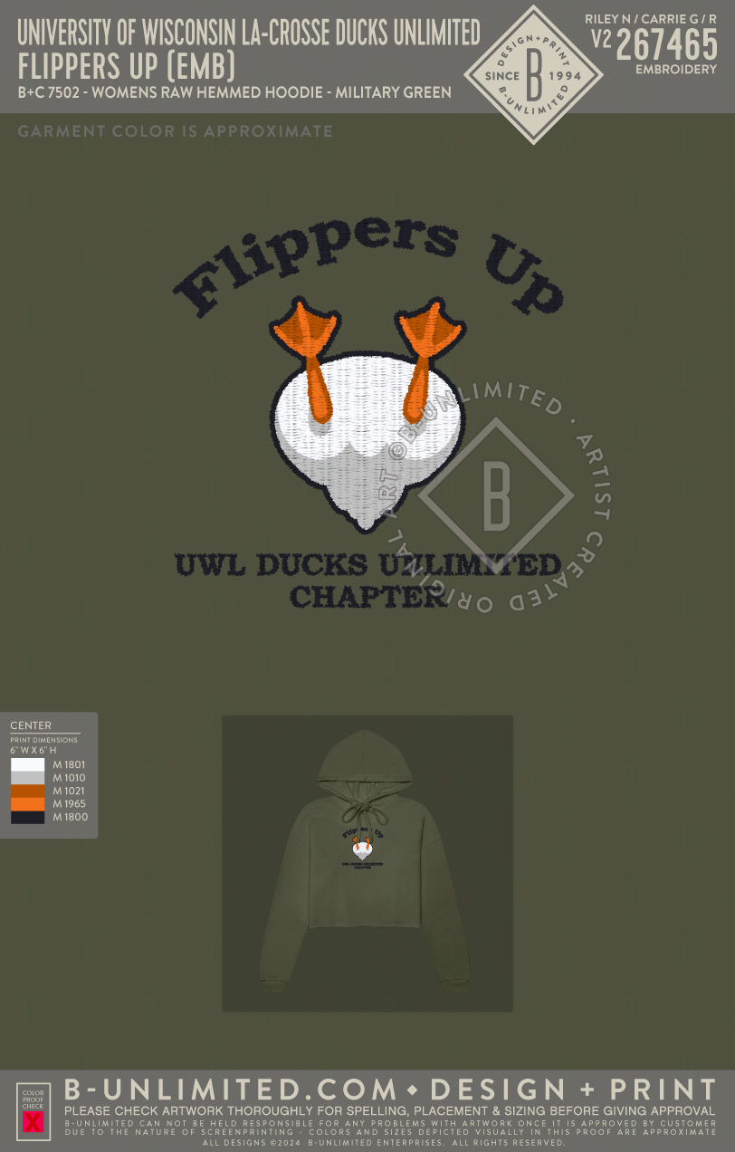 University of Wisconsin La-Crosse Ducks Unlimited - Flippers Up (EMB) - B+C - 7502 - Womens Raw Hemmed Hoodie - Military Green Fleece