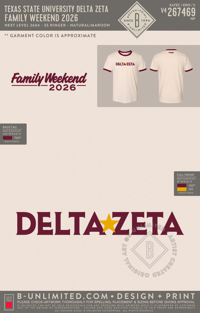 Texas State University Delta Zeta - Family Weekend 2026 - Next Level - 3604 - SS Ringer - Natural/Maroon