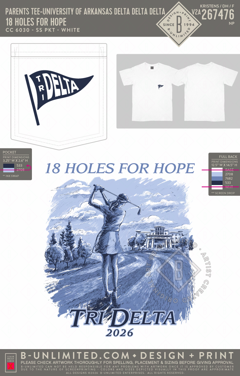University of Arkansas Delta Delta Delta - 18 Holes for Hope - Parents Tee - CC - 6030 - SS Pocket - White